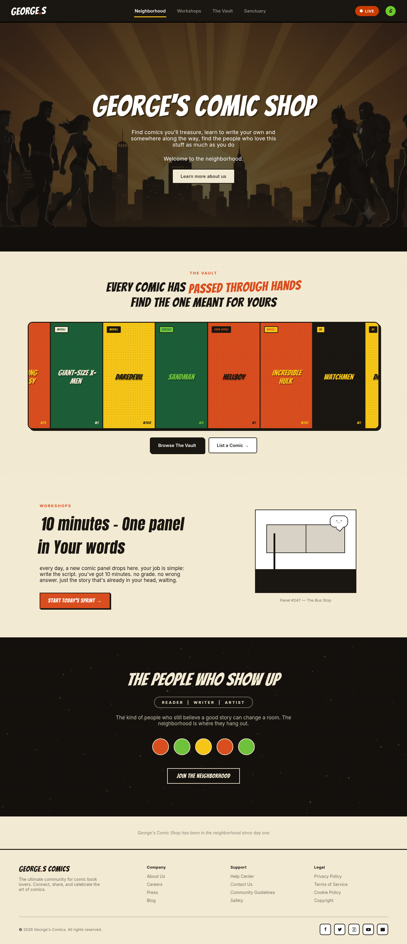 George's Comic Shop homepage, full page