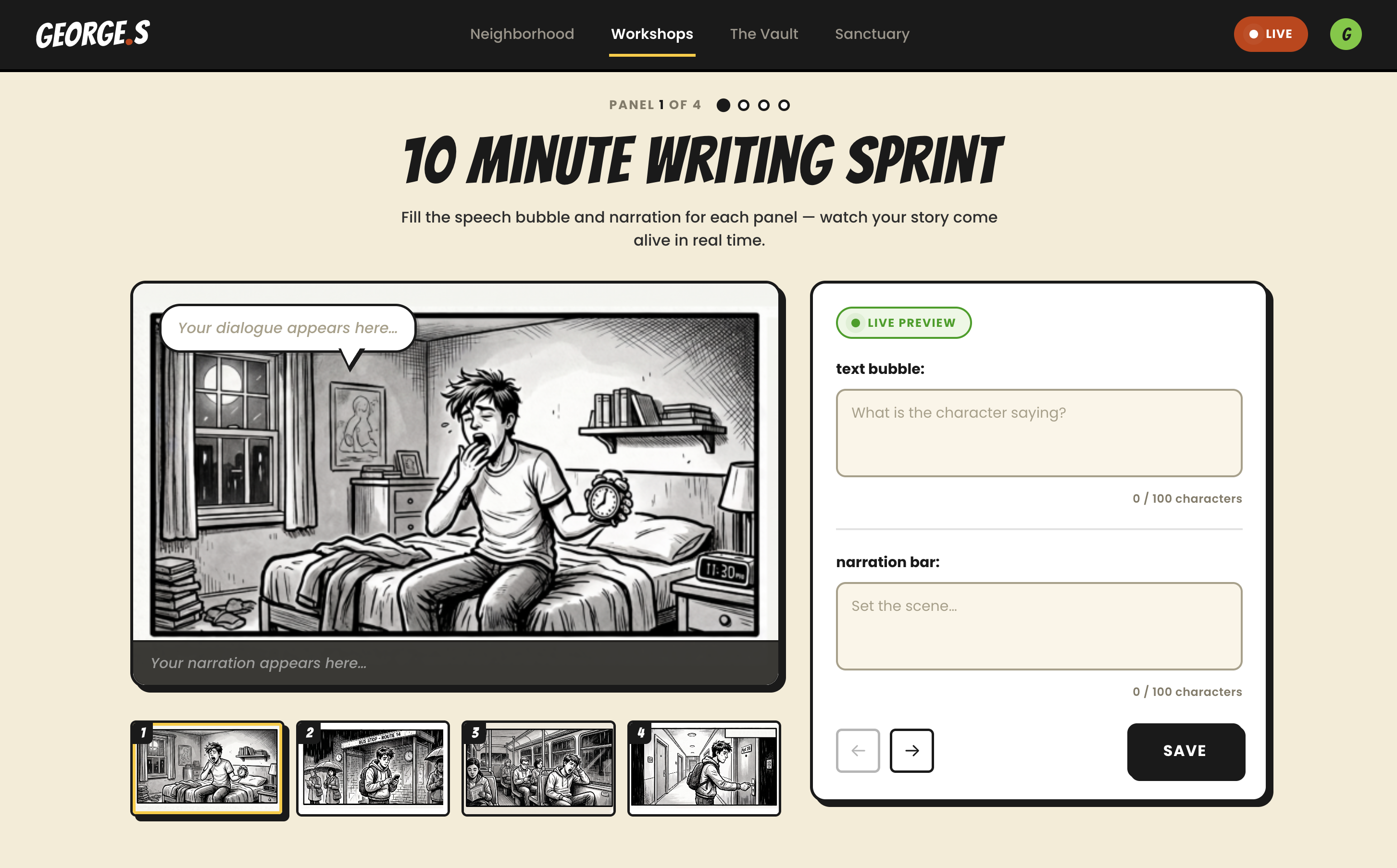 10-minute writing sprint screen, full size