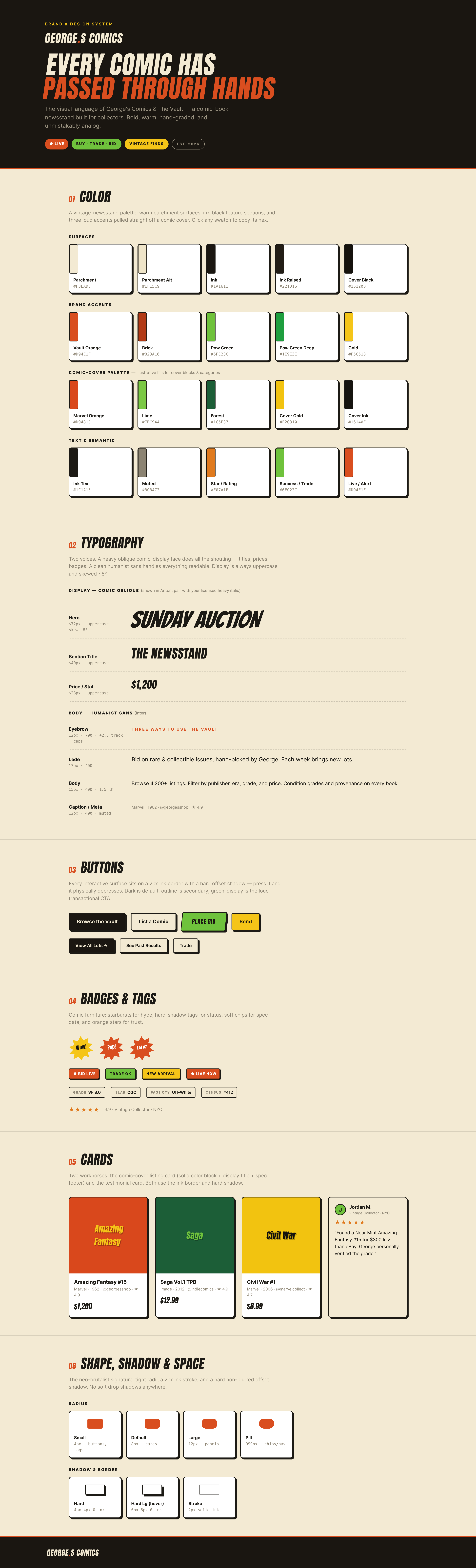 George's Comics design system, full sheet